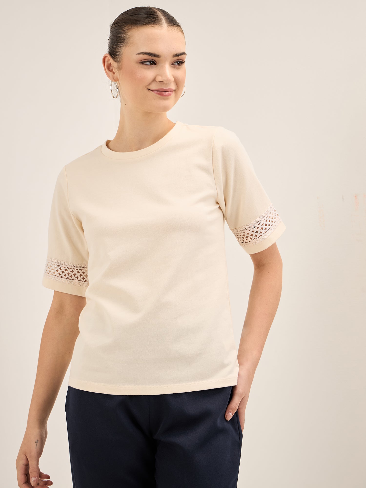 Eyelet Tee-Off White Lace Insert T-Shirt - Off White