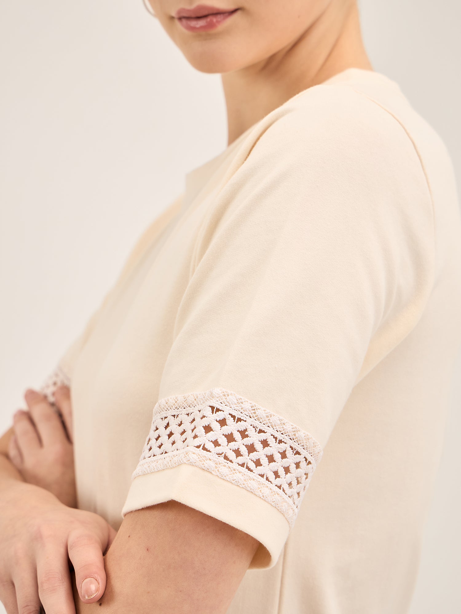 Eyelet Tee-Off White Lace Insert T-Shirt - Off White