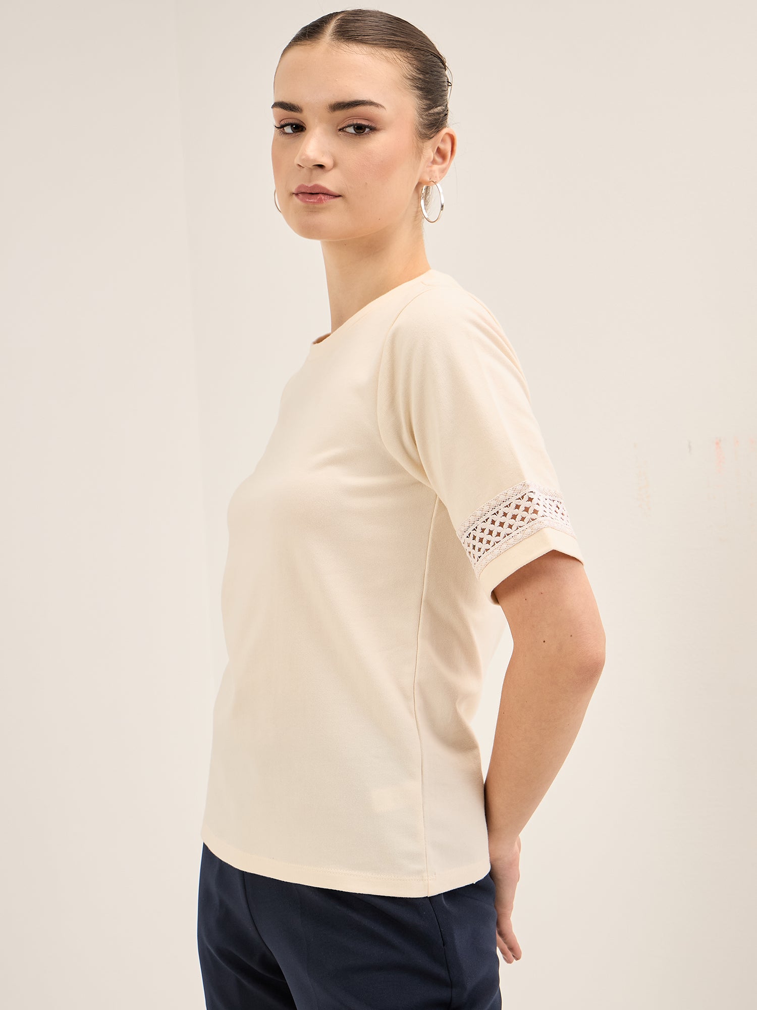 Eyelet Tee-Off White Lace Insert T-Shirt - Off White