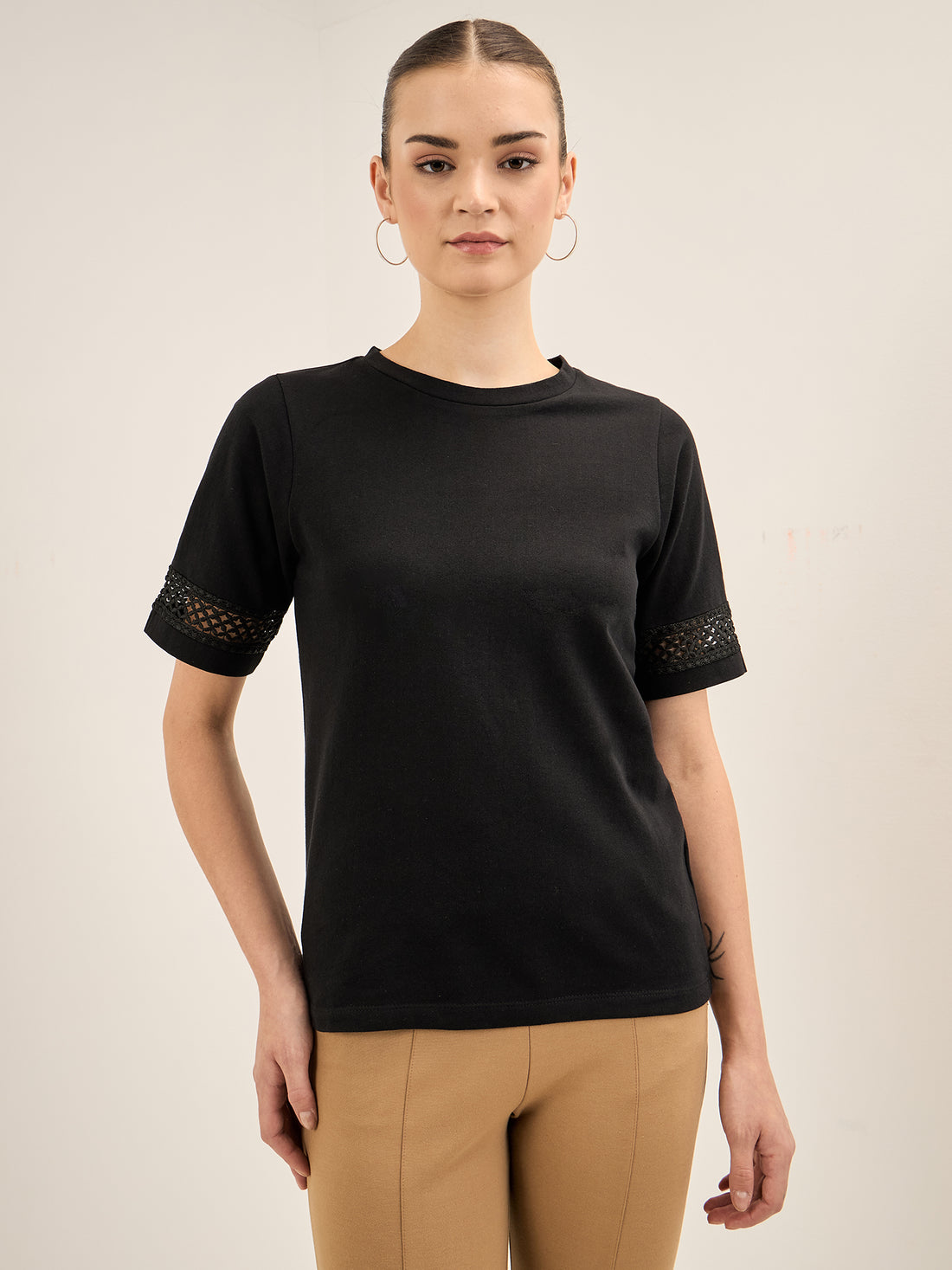 Eyelet Tee-Black Lace Insert T-Shirt - Black