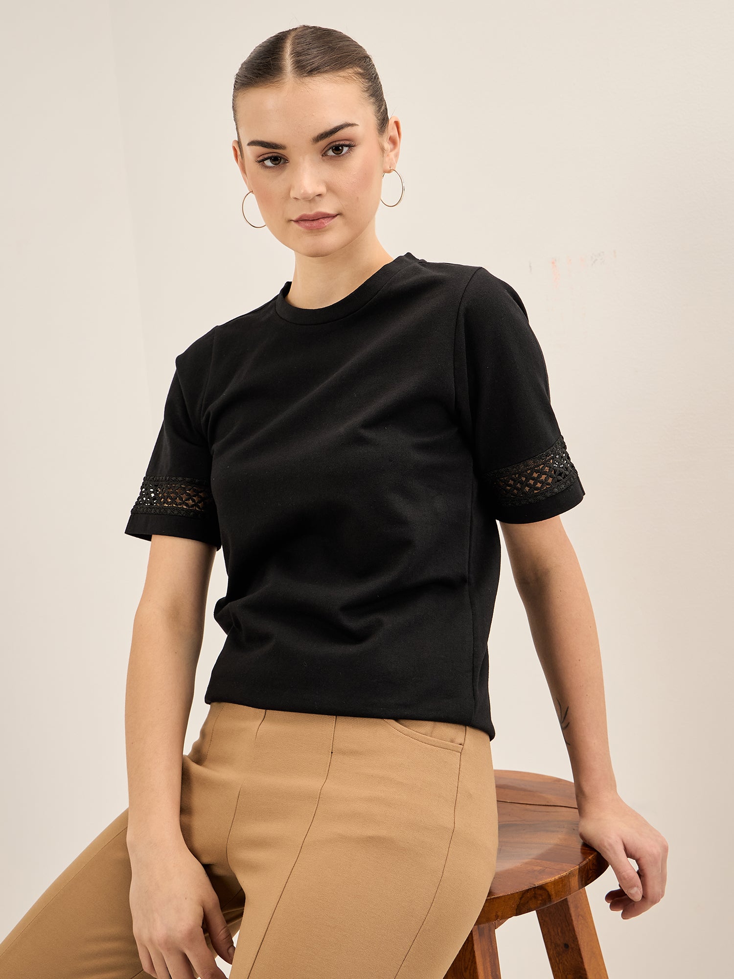 Eyelet Tee-Black Lace Insert T-Shirt - Black