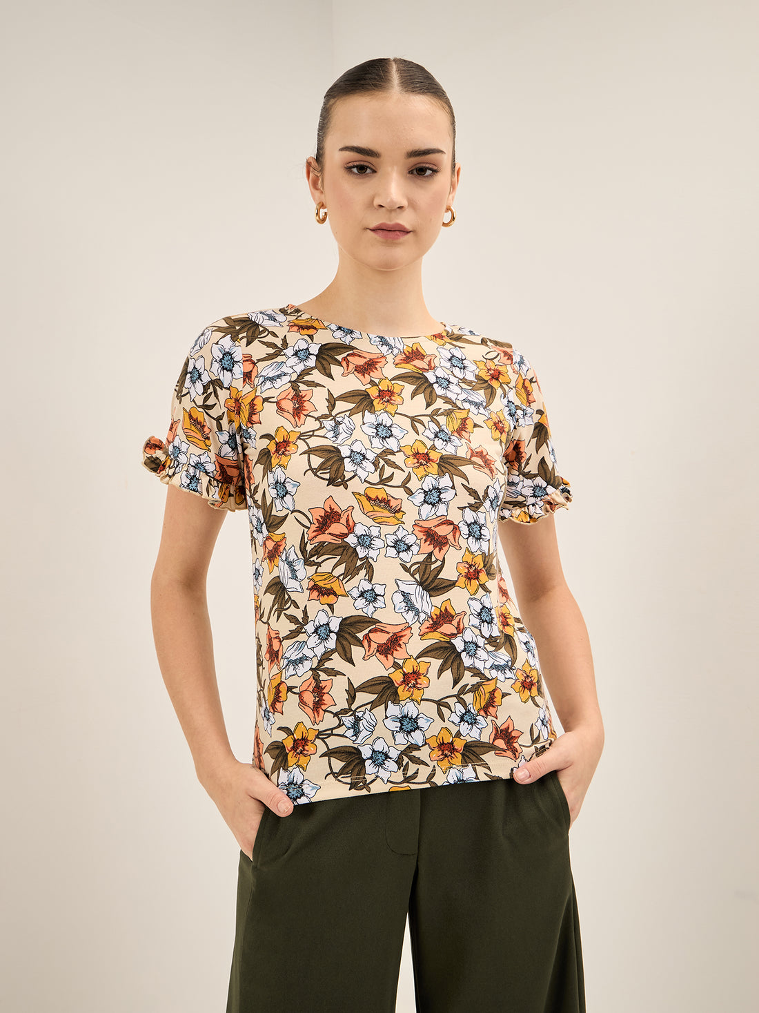Supple Tee-Peach & Cream Floral Ruffled Sleeves T-Shirt - Multicolor