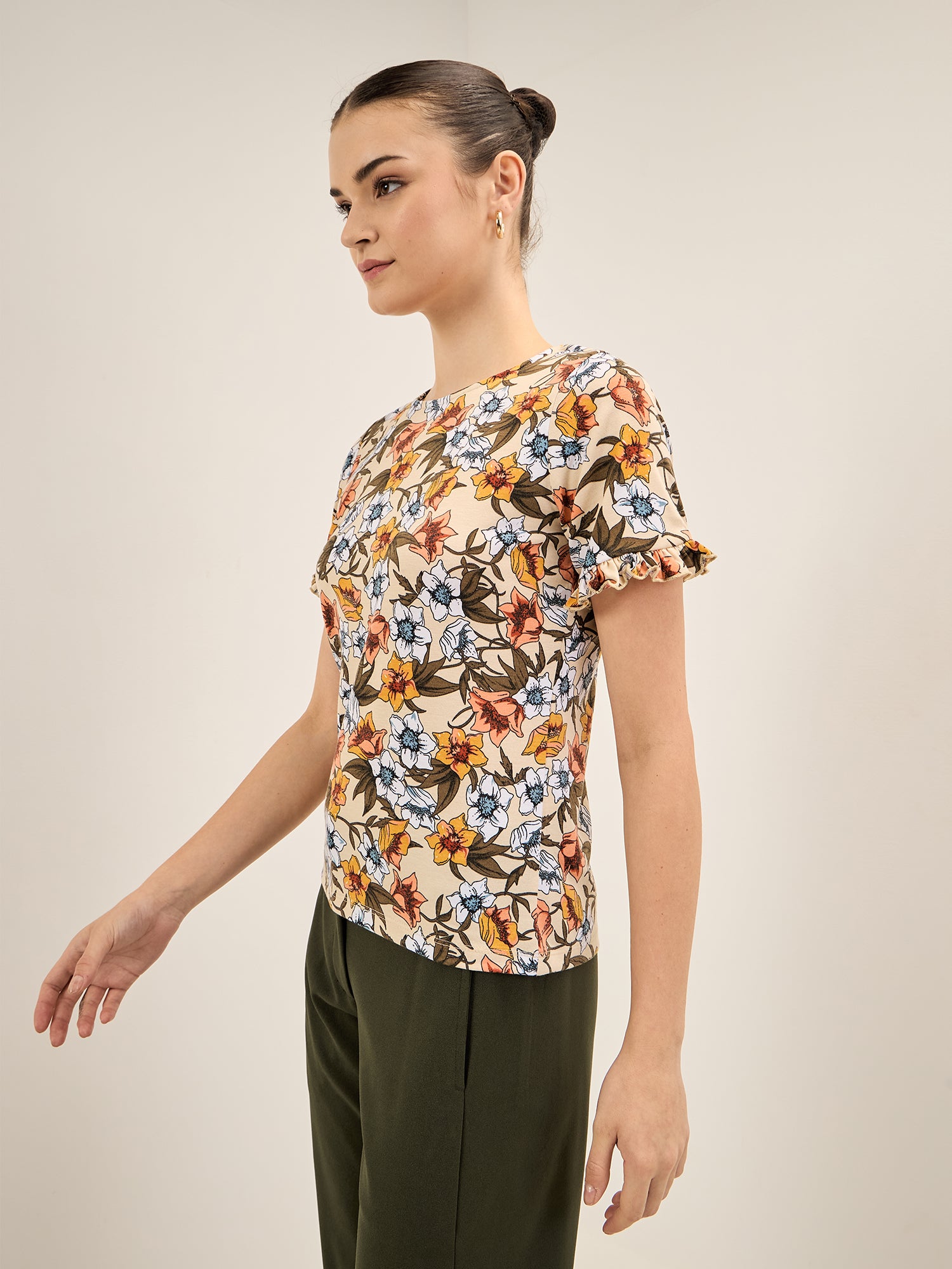 Supple Tee-Peach & Cream Floral Ruffled Sleeves T-Shirt - Multicolor