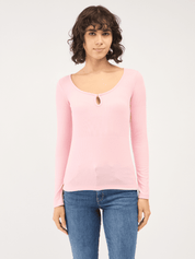 Everly-Rose Keyhole Detail Rib Knit Top - Pink