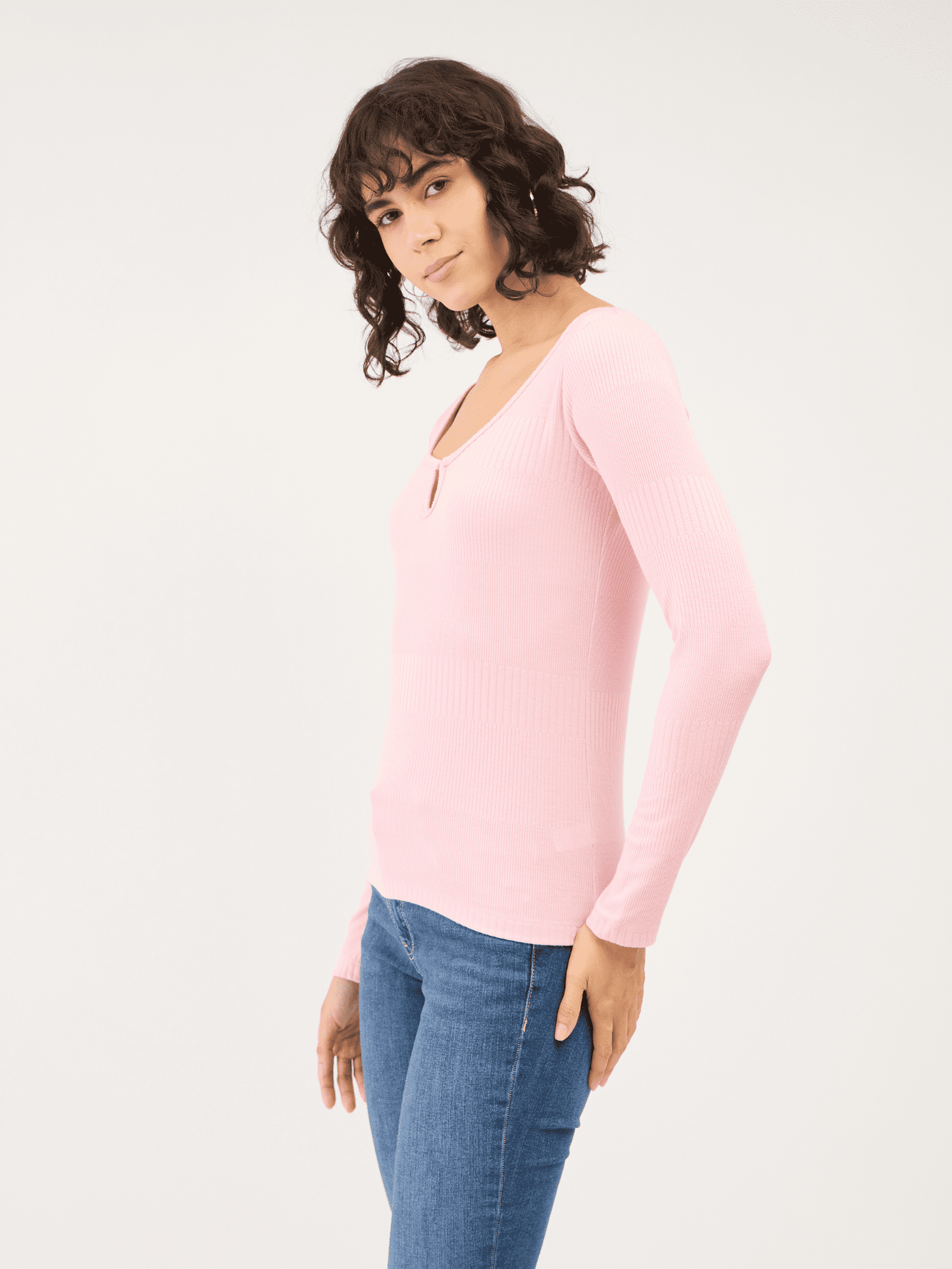 Everly-Rose Keyhole Detail Rib Knit Top - Pink