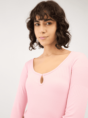 Everly-Rose Keyhole Detail Rib Knit Top - Pink