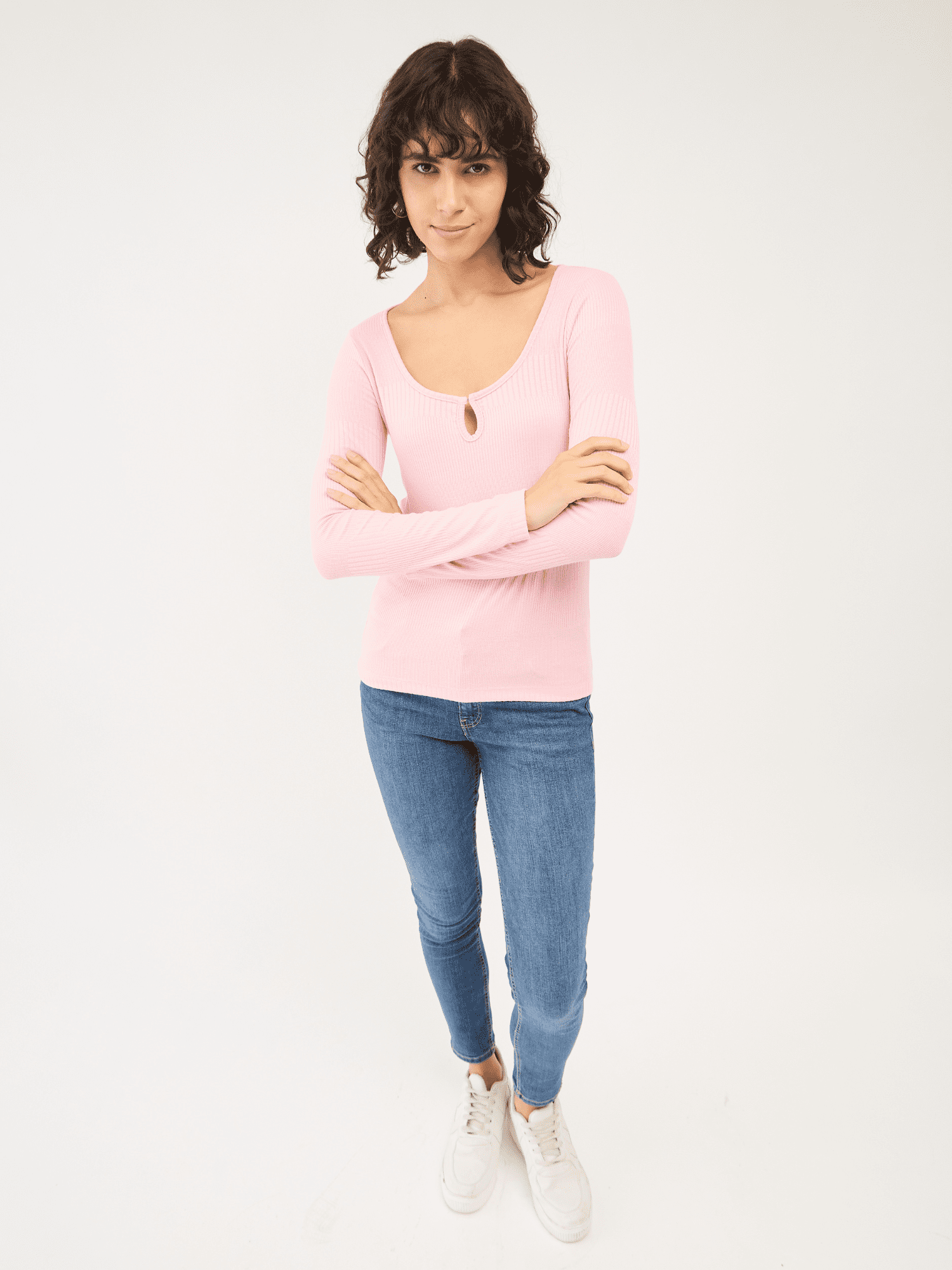 Everly-Rose Keyhole Detail Rib Knit Top - Pink