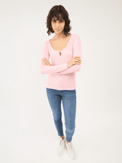 Everly-Rose Keyhole Detail Rib Knit Top - Pink