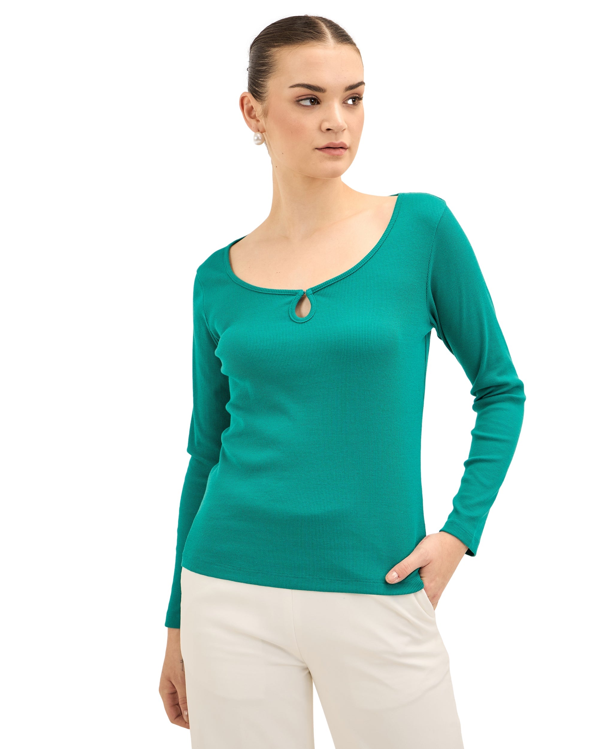 Buy EverlyGreen Keyhole Detail Rib Knit Top Green color Tops For