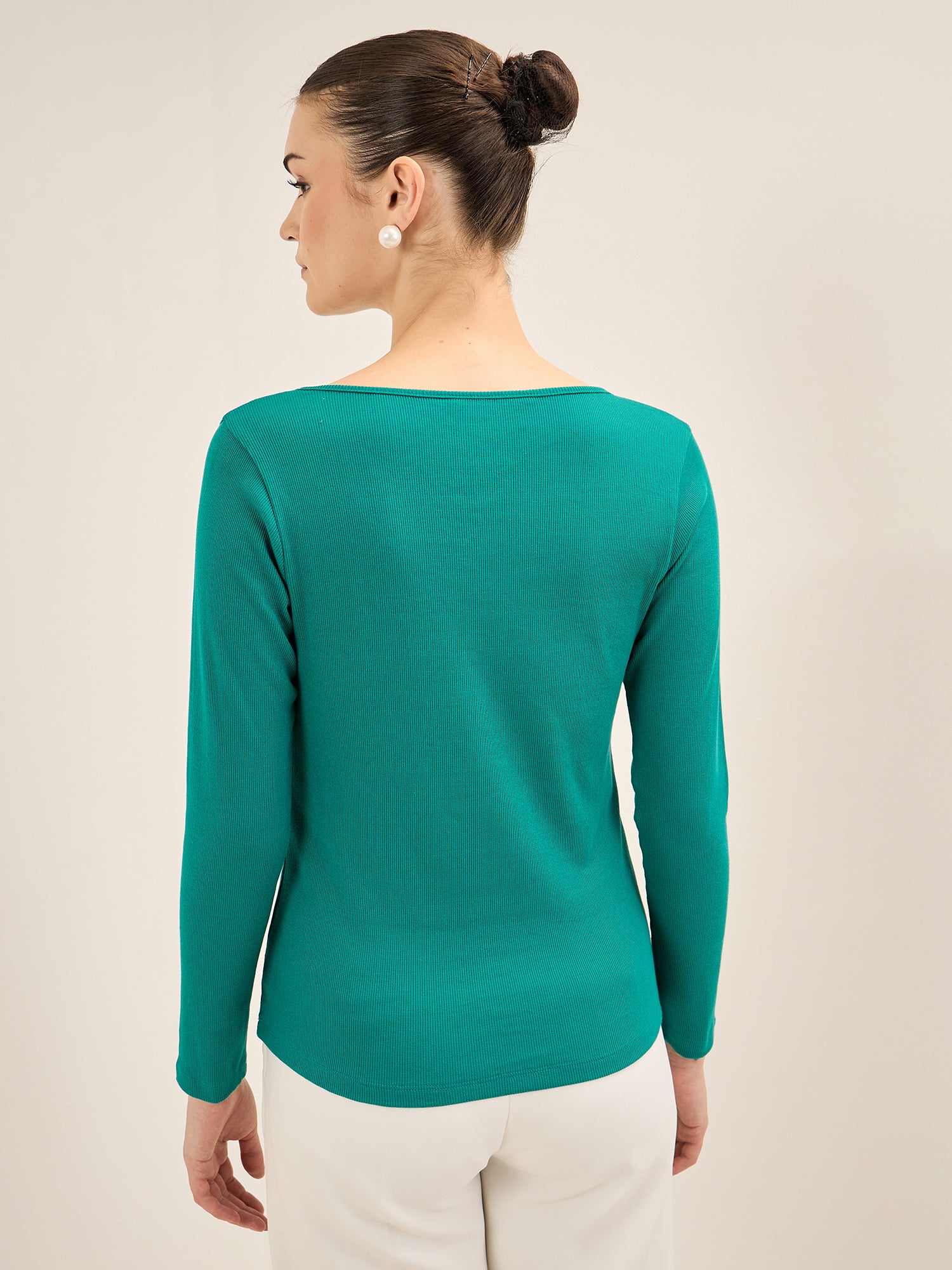 Everly-Green Keyhole Detail Rib Knit Top - Green