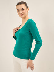 Everly-Green Keyhole Detail Rib Knit Top - Green