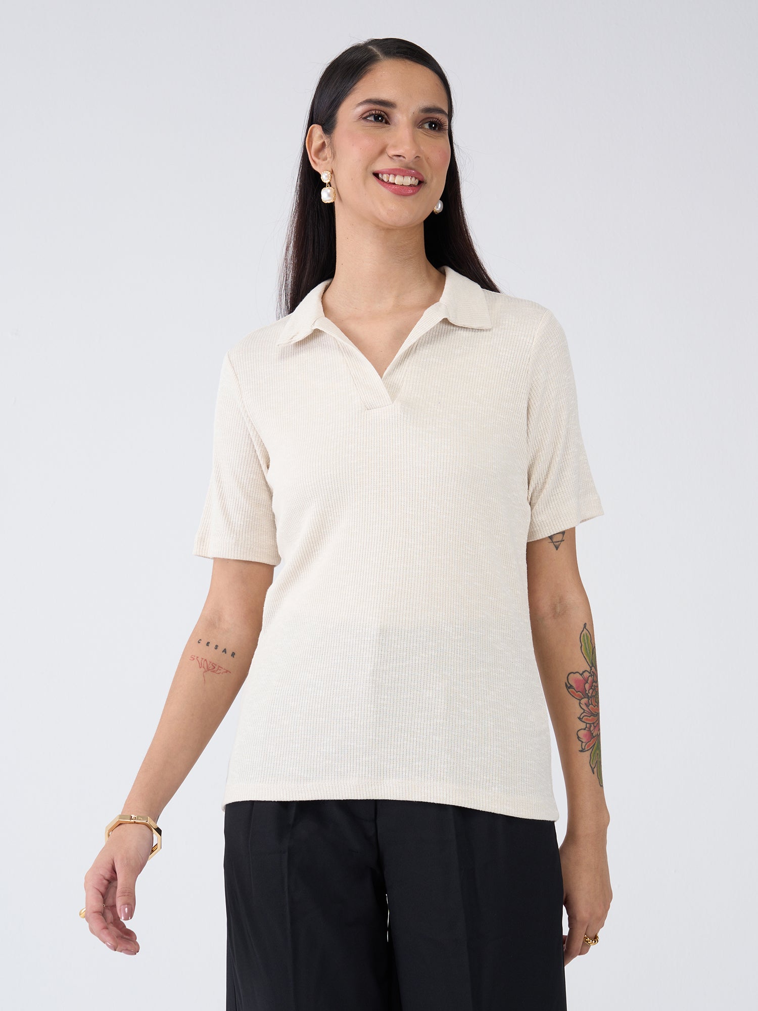 Woody Collared Rib Knit Top - Pearl White