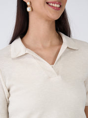 Woody Collared Rib Knit Top - Pearl White