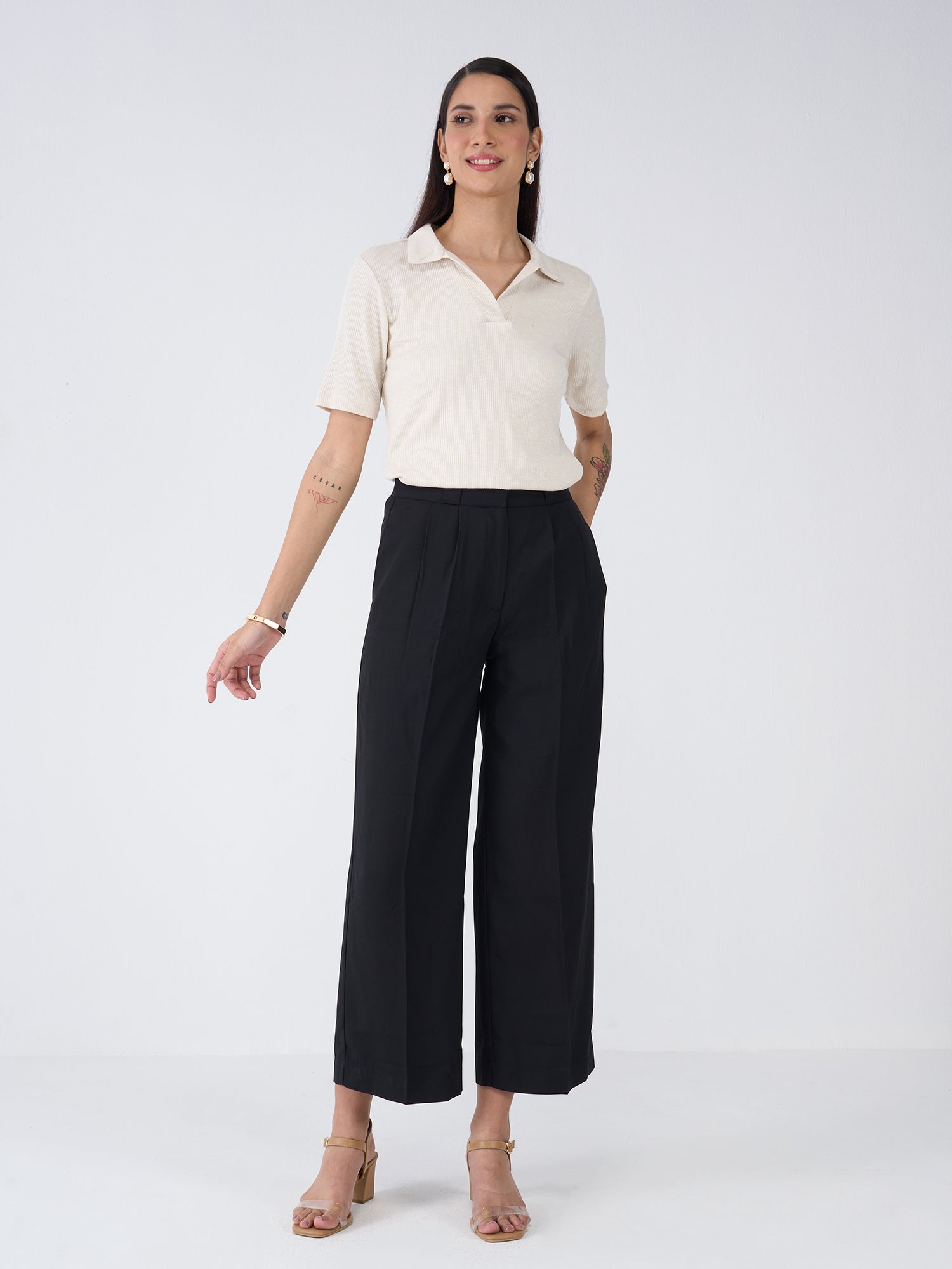 Woody Collared Rib Knit Top - Pearl White