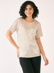 Gilded Plisse Round Neck Top-Golden Peach