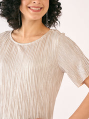 Gilded Plisse Round Neck Top-Golden Peach