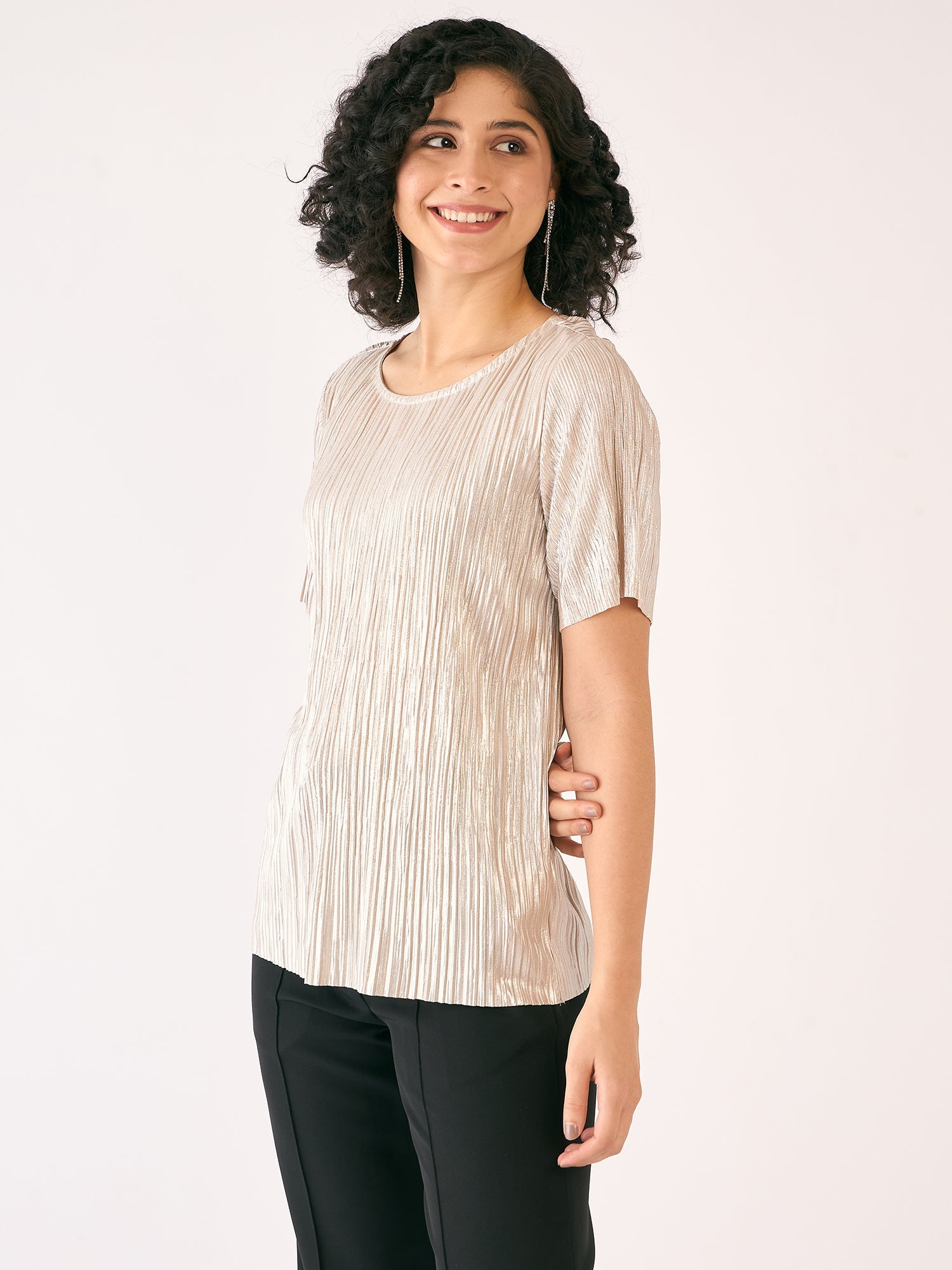 Gilded Plisse Round Neck Top-Golden Peach