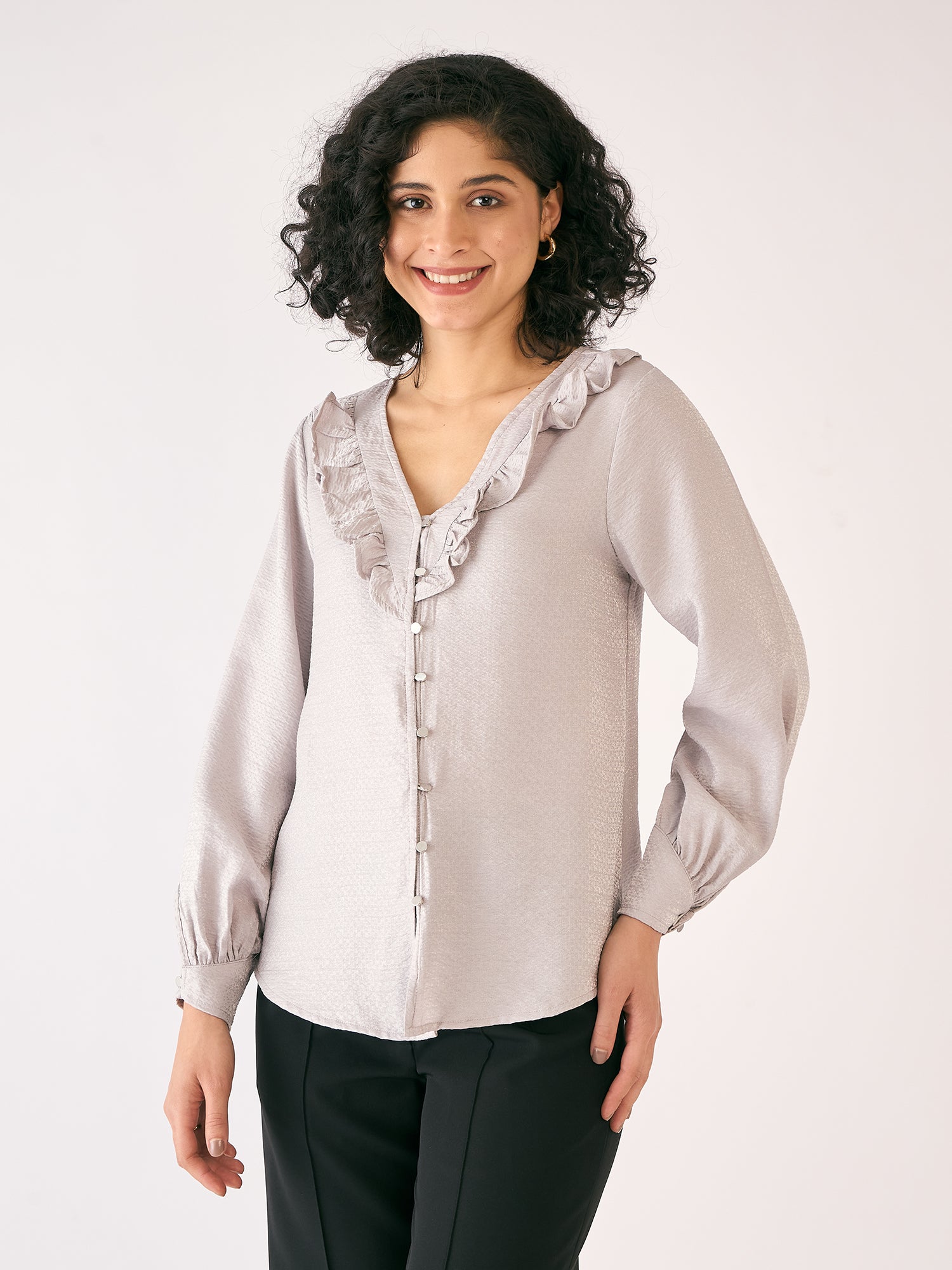 Adrina-Silver Ruffled Button Down Top - Grey