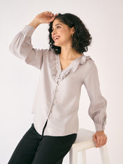 Adrina-Silver Ruffled Button Down Top - Grey