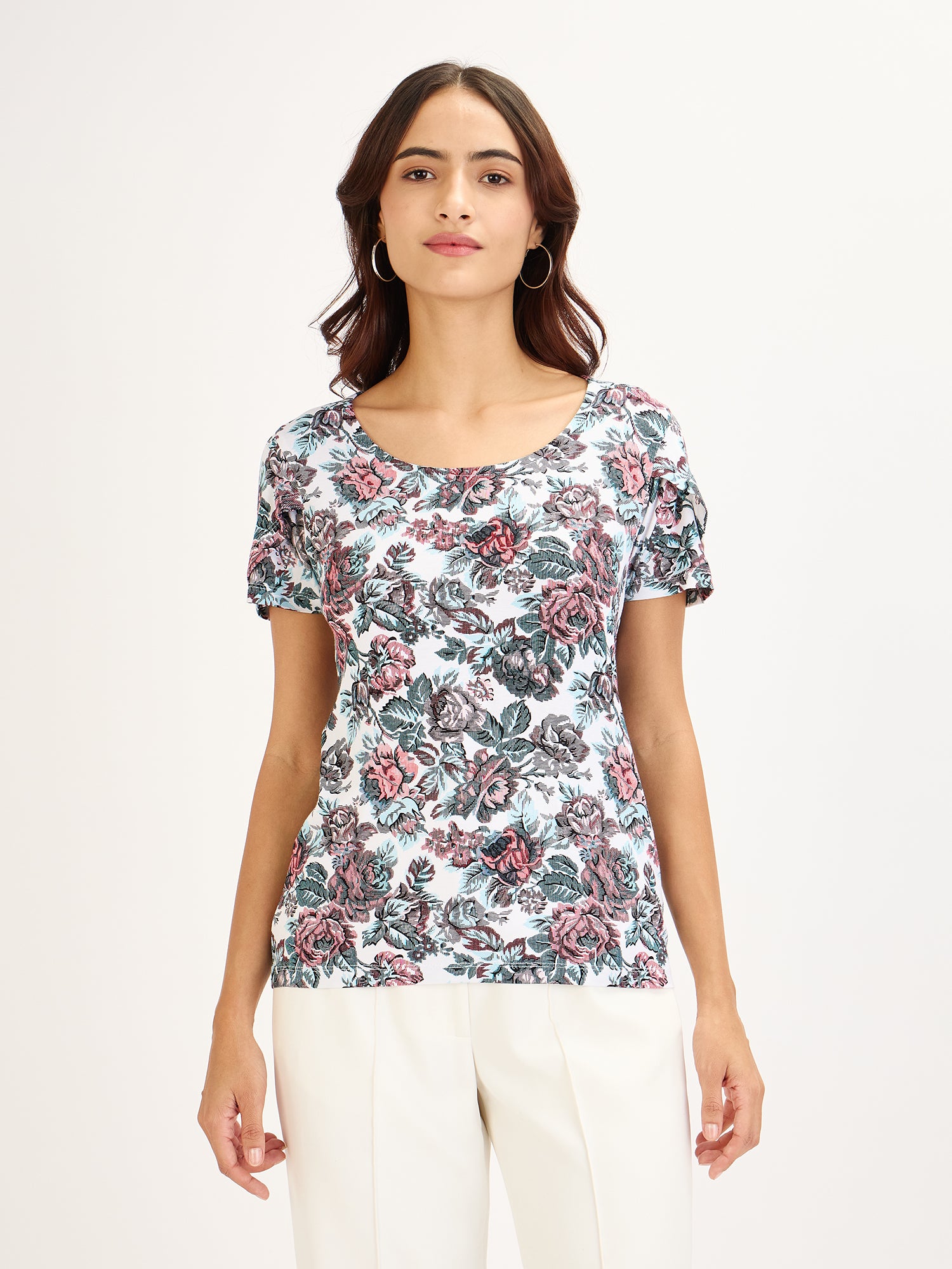 Femme Tee-Red & Blue Floral Petal Sleeves T-Shirt - Multicolor