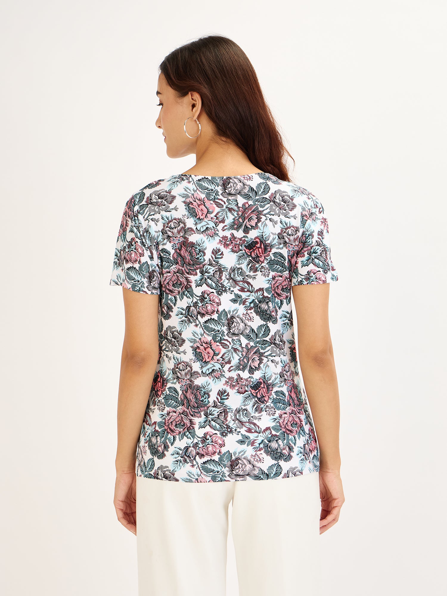 Femme Tee-Red & Blue Floral Petal Sleeves T-Shirt - Multicolor