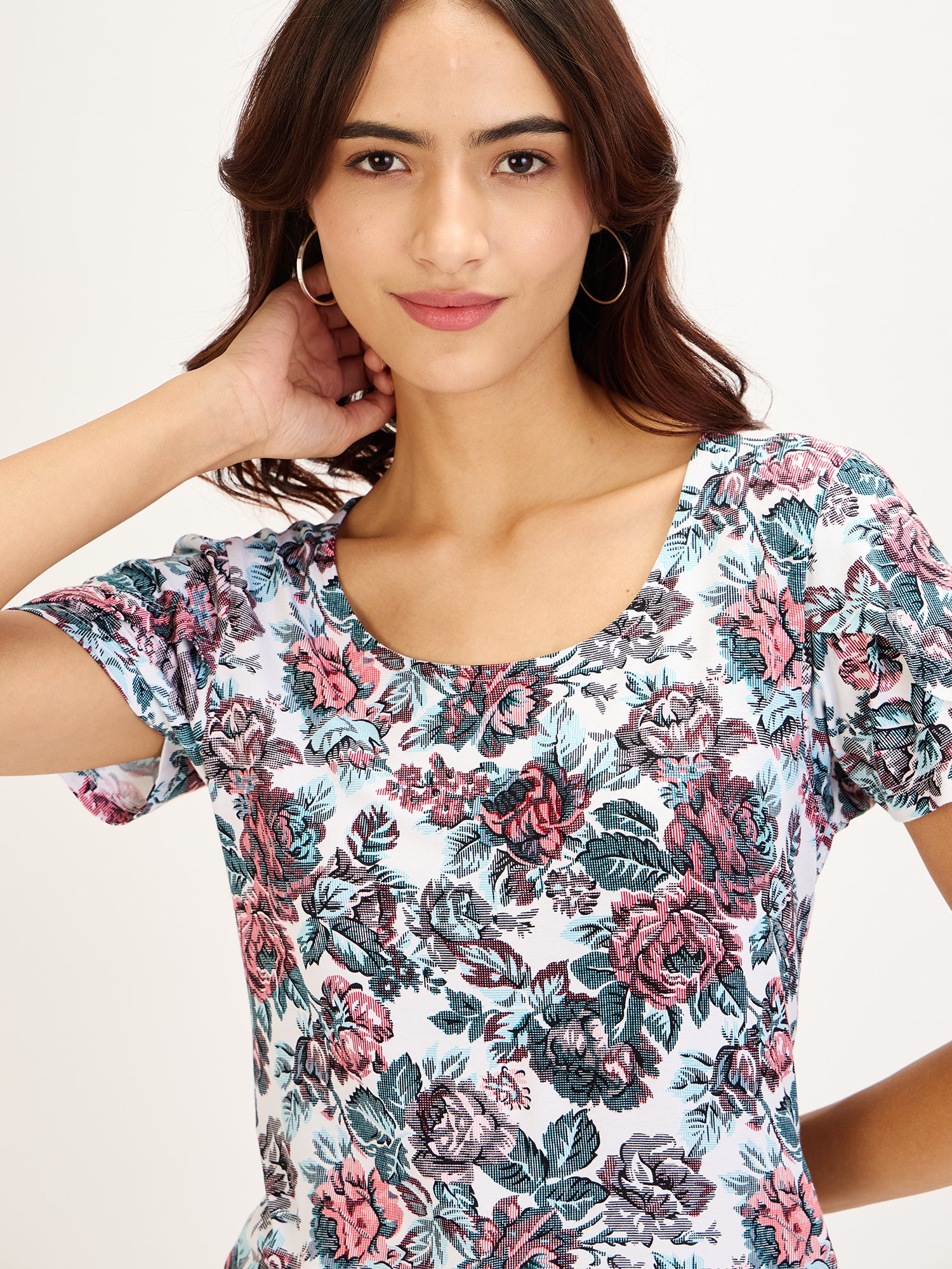 Femme Tee-Red & Blue Floral Petal Sleeves T-Shirt - Multicolor