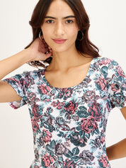 Femme Tee-Red & Blue Floral Petal Sleeves T-Shirt - Multicolor