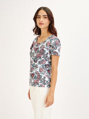 Femme Tee-Red & Blue Floral Petal Sleeves T-Shirt - Multicolor