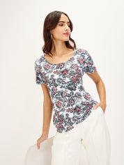 Femme Tee-Red & Blue Floral Petal Sleeves T-Shirt - Multicolor