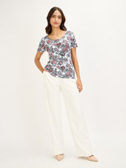 Femme Tee-Red & Blue Floral Petal Sleeves T-Shirt - Multicolor