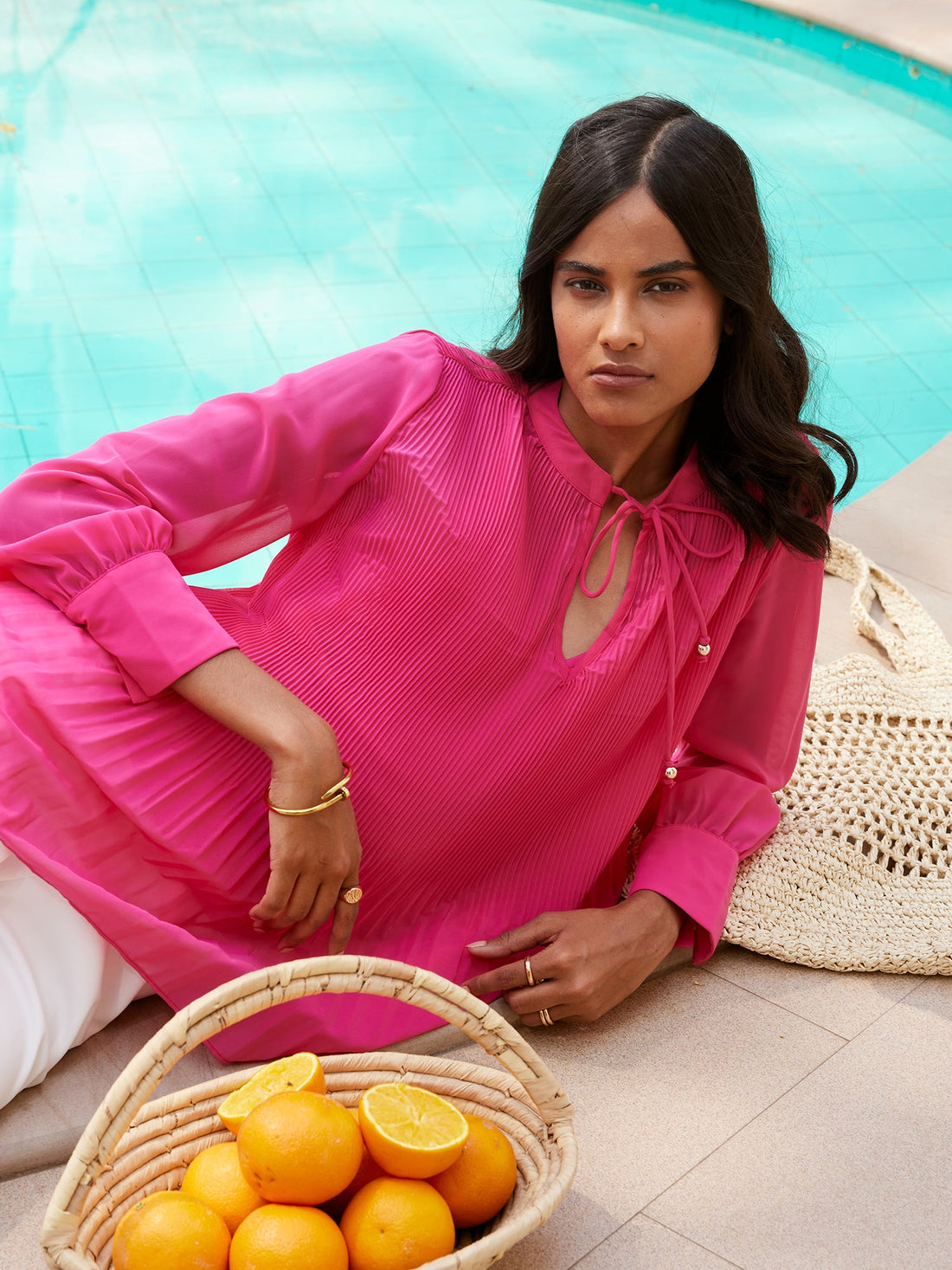 Rico Pleated Drawstring Neckline Top - Pink