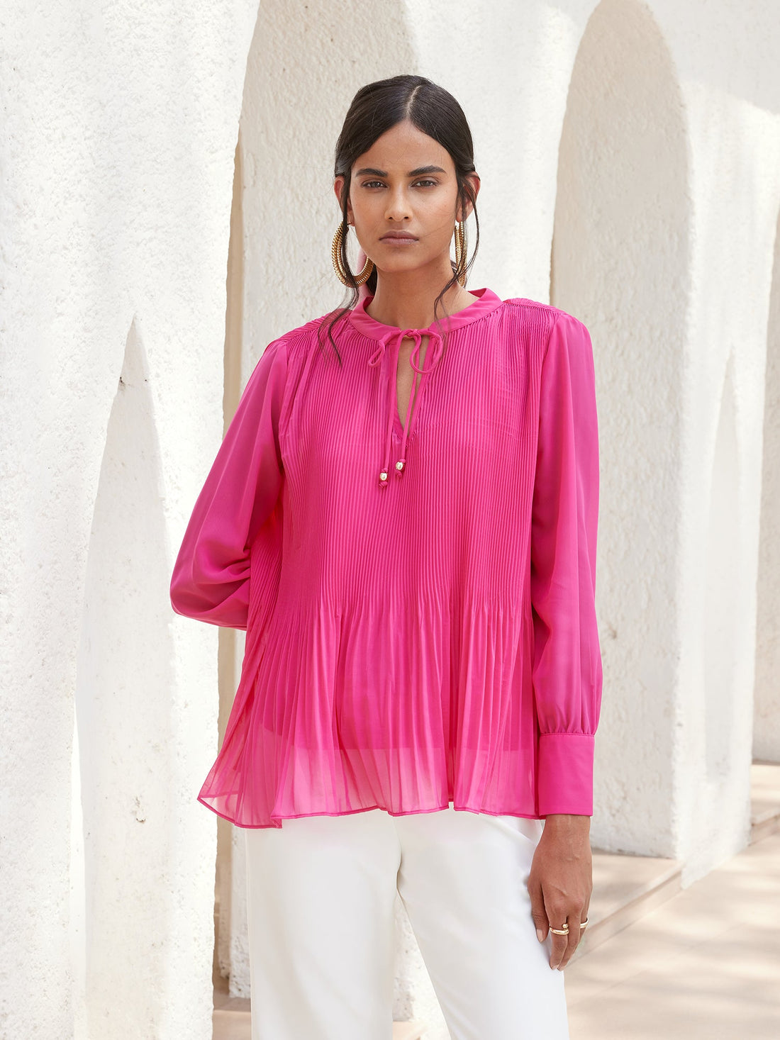 Rico Pleated Drawstring Neckline Top - Pink