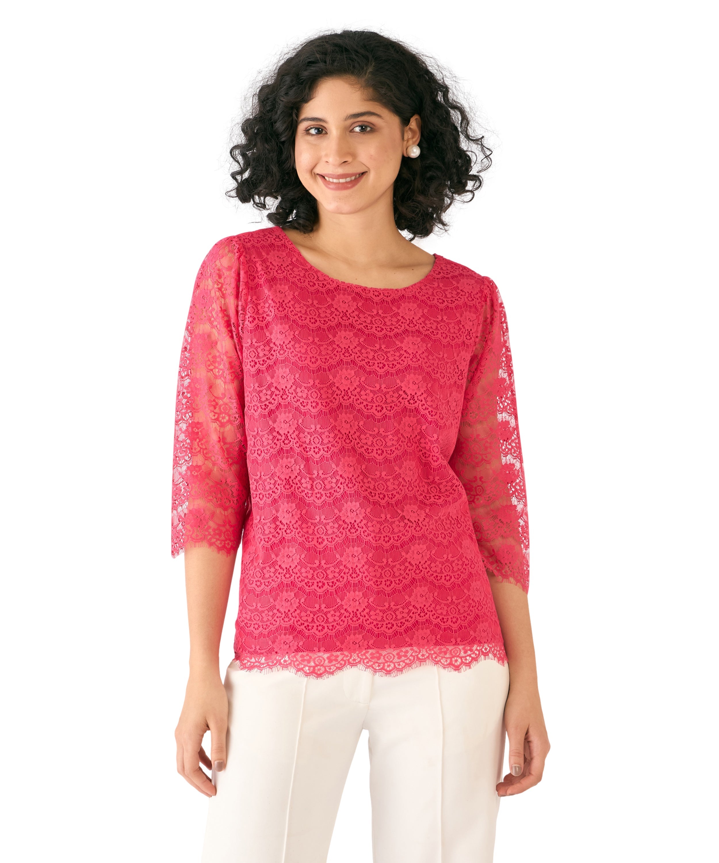 Evelina Boat Neck Lace Top-Coral Pink