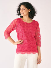 Evelina Boat Neck Lace Top-Coral Pink