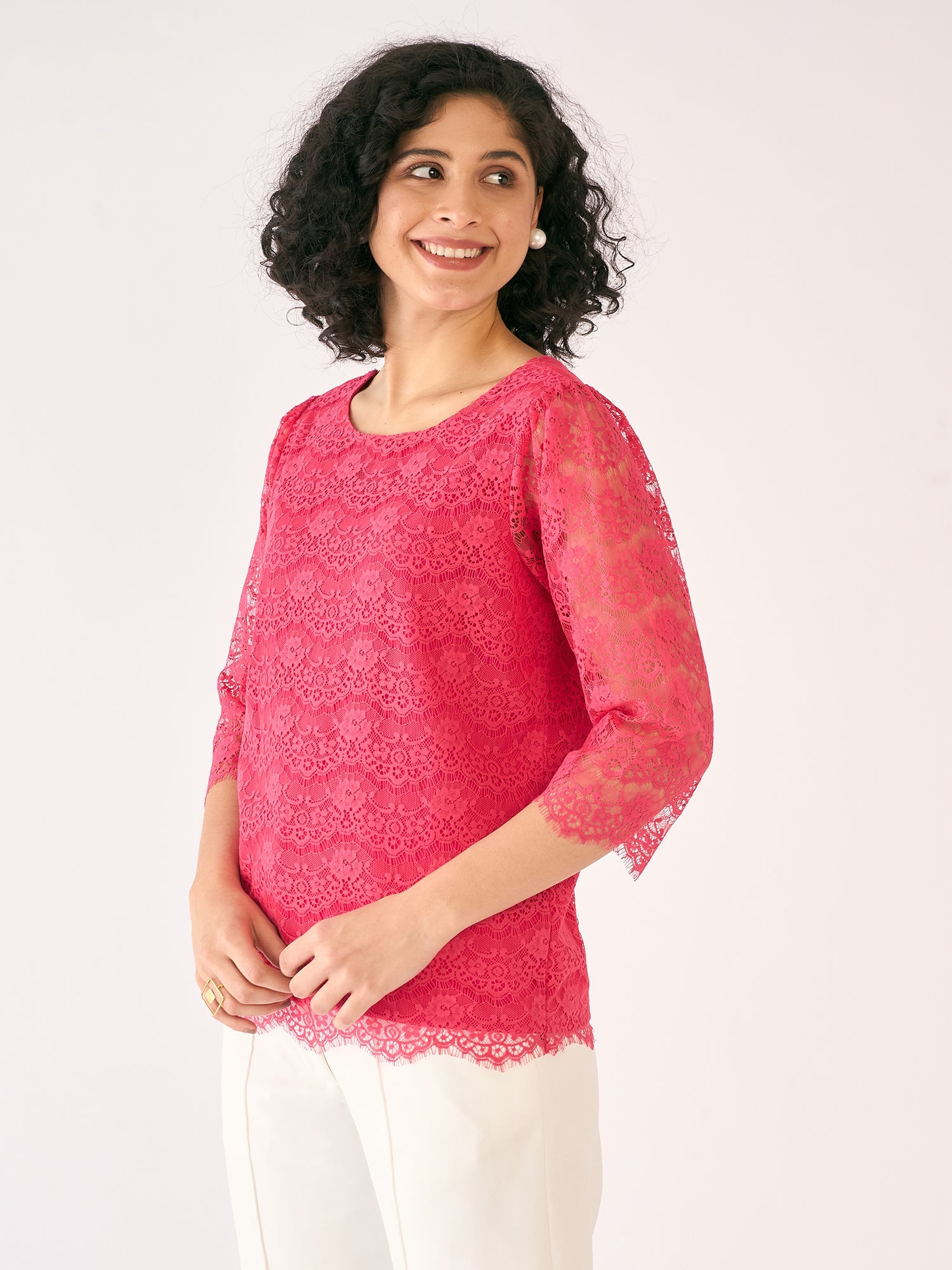 Evelina Boat Neck Lace Top-Coral Pink