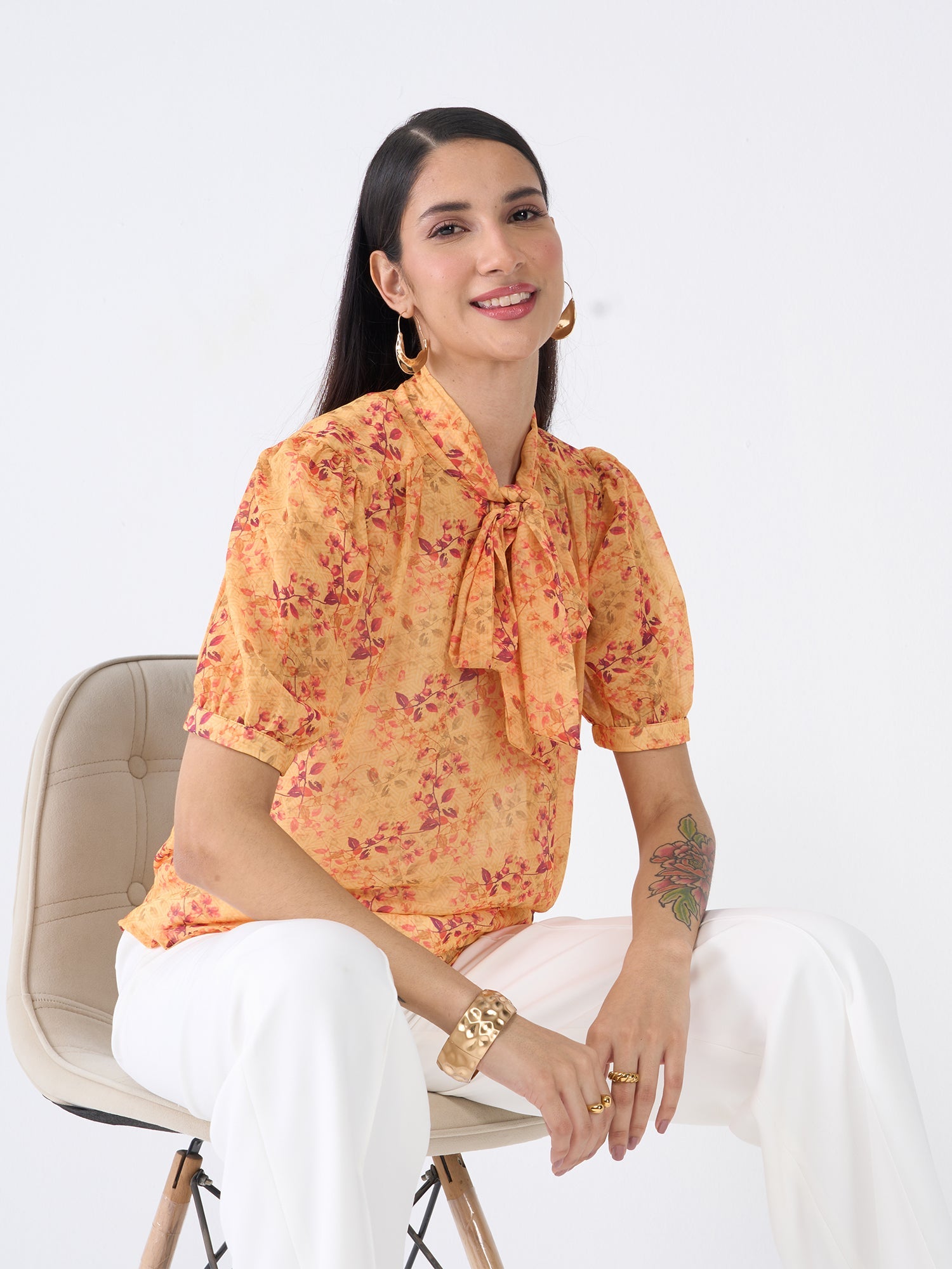 Ixora Floral Neck Tie Top-Yellow