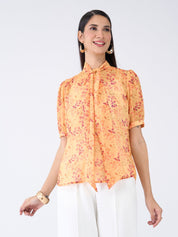 Ixora Floral Neck Tie Top-Yellow