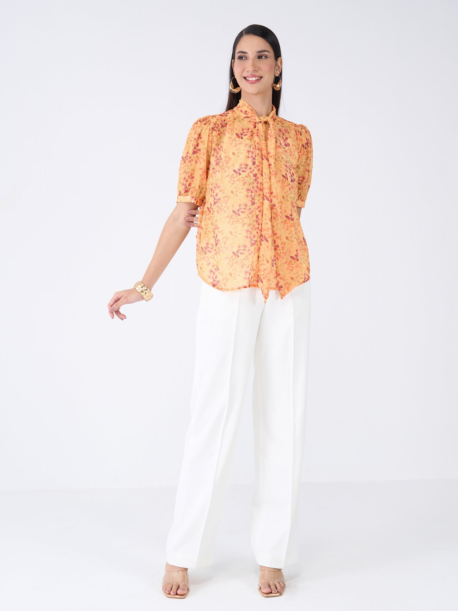 Ixora Floral Neck Tie Top-Yellow