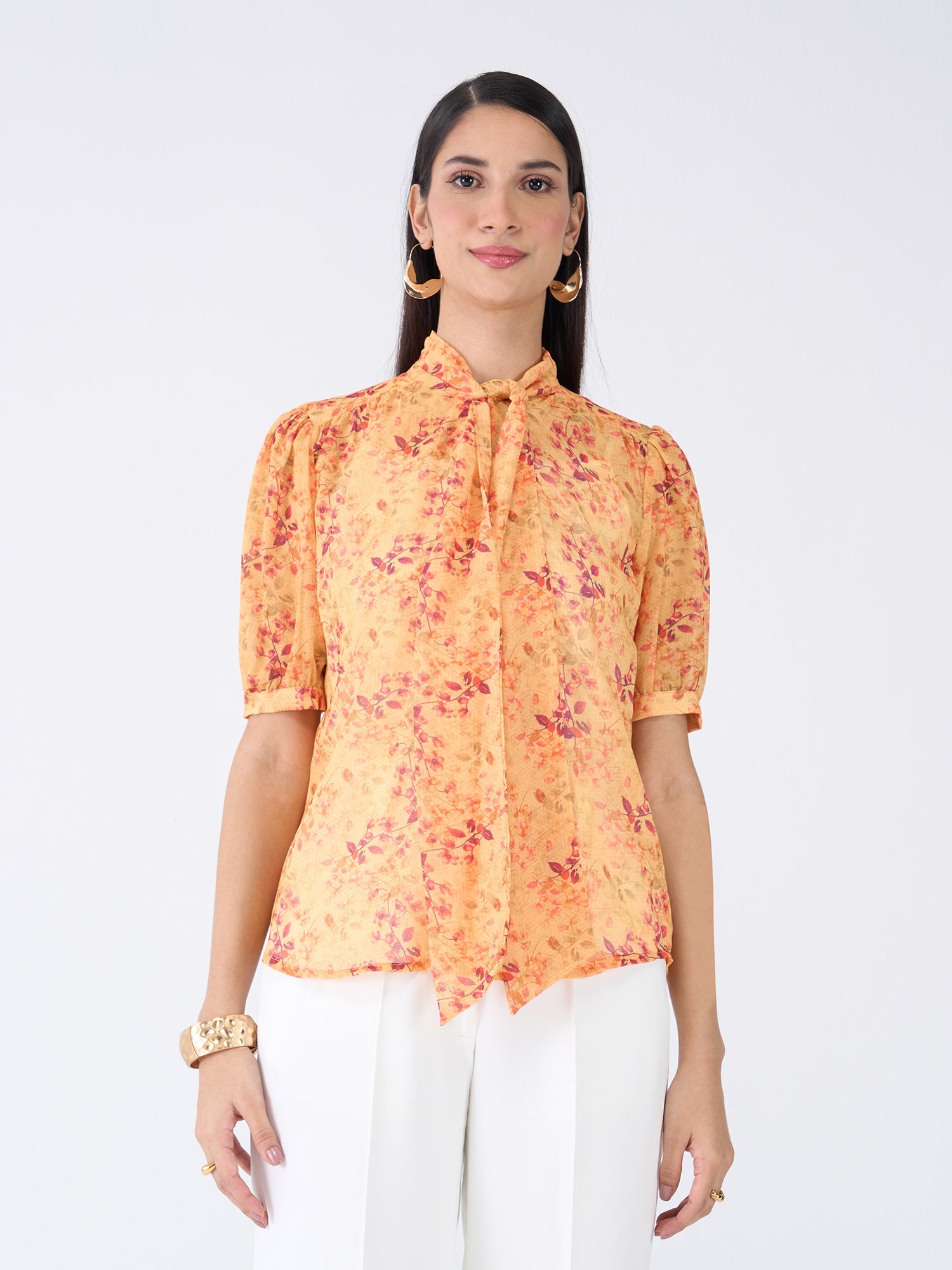 Ixora Floral Neck Tie Top-Yellow