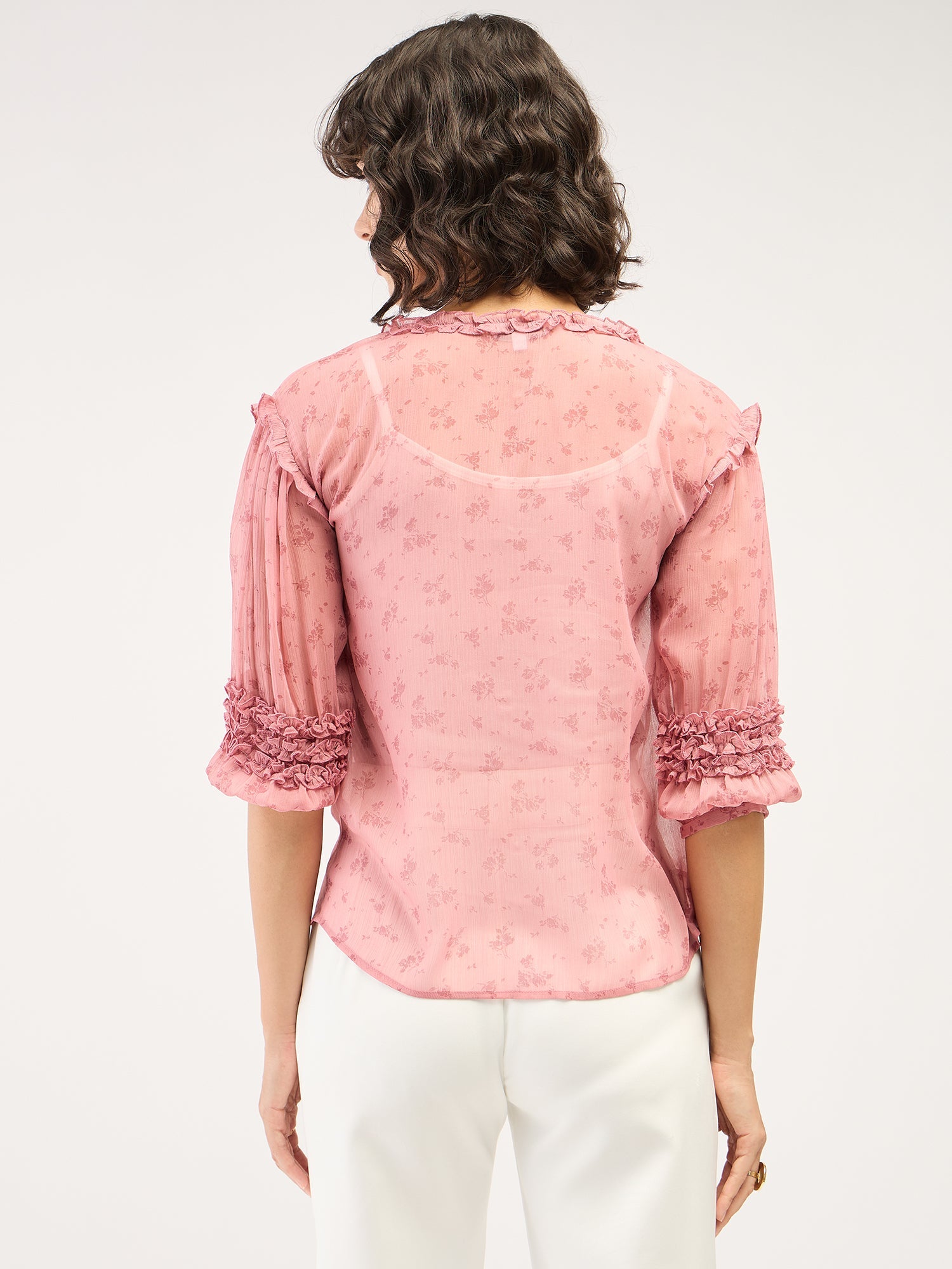 Noa Floral Ruffled Sleeves Top-Dusty Pink