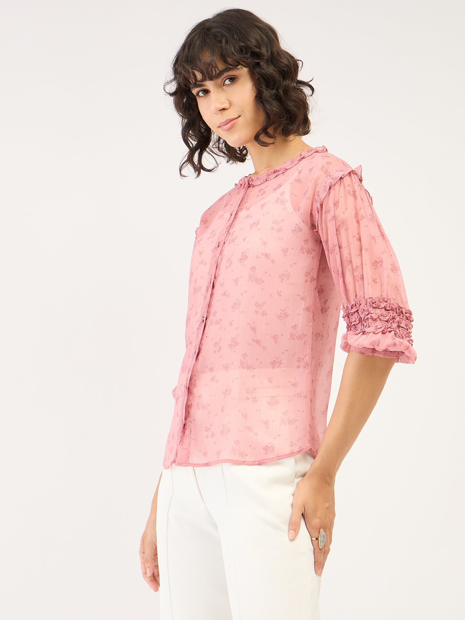 Noa Floral Ruffled Sleeves Top-Dusty Pink