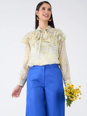 Honeycup Floral Ruffled Top-Yellow/Blue