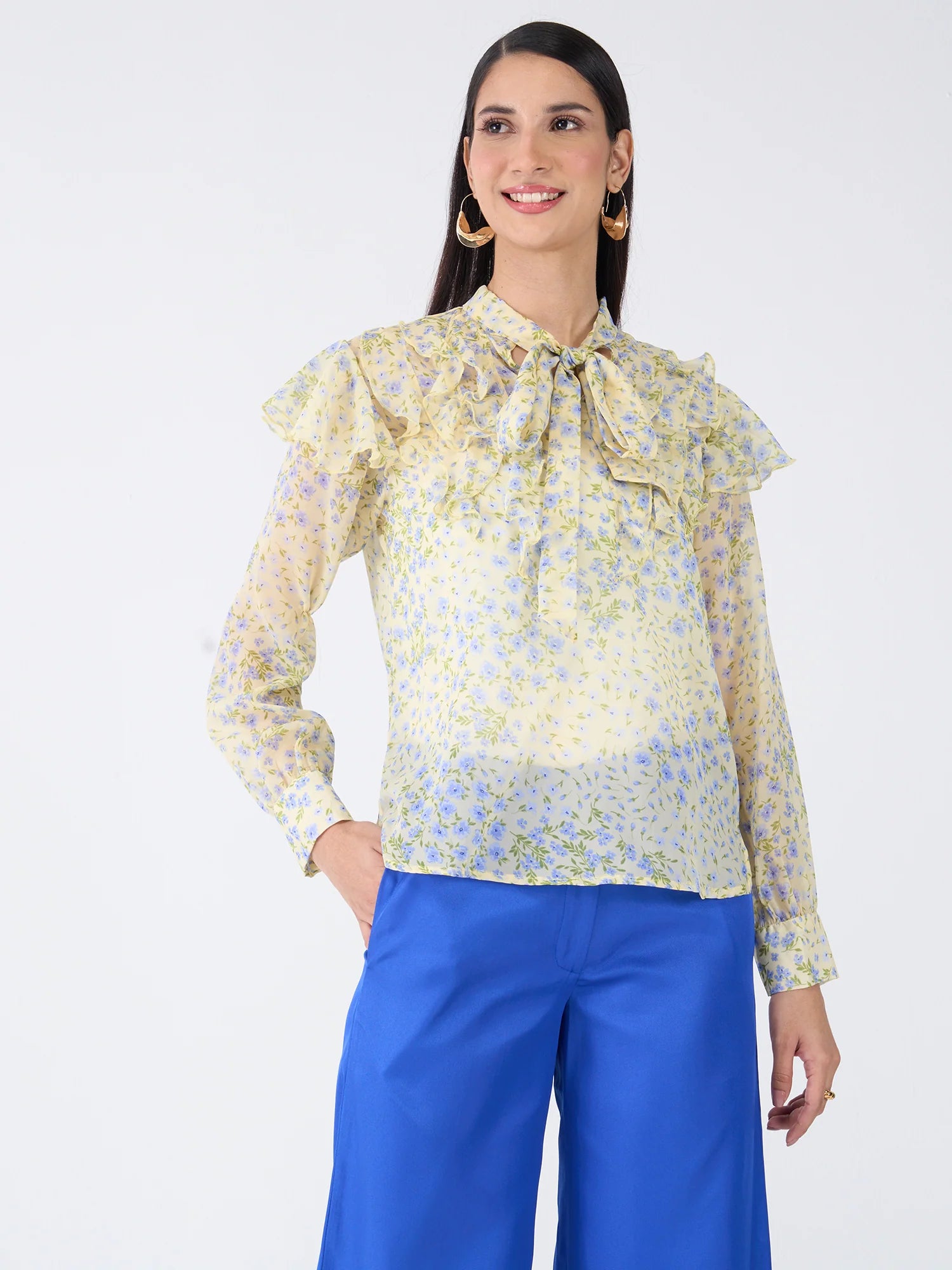 Honeycup Floral Ruffled Top-Yellow/Blue