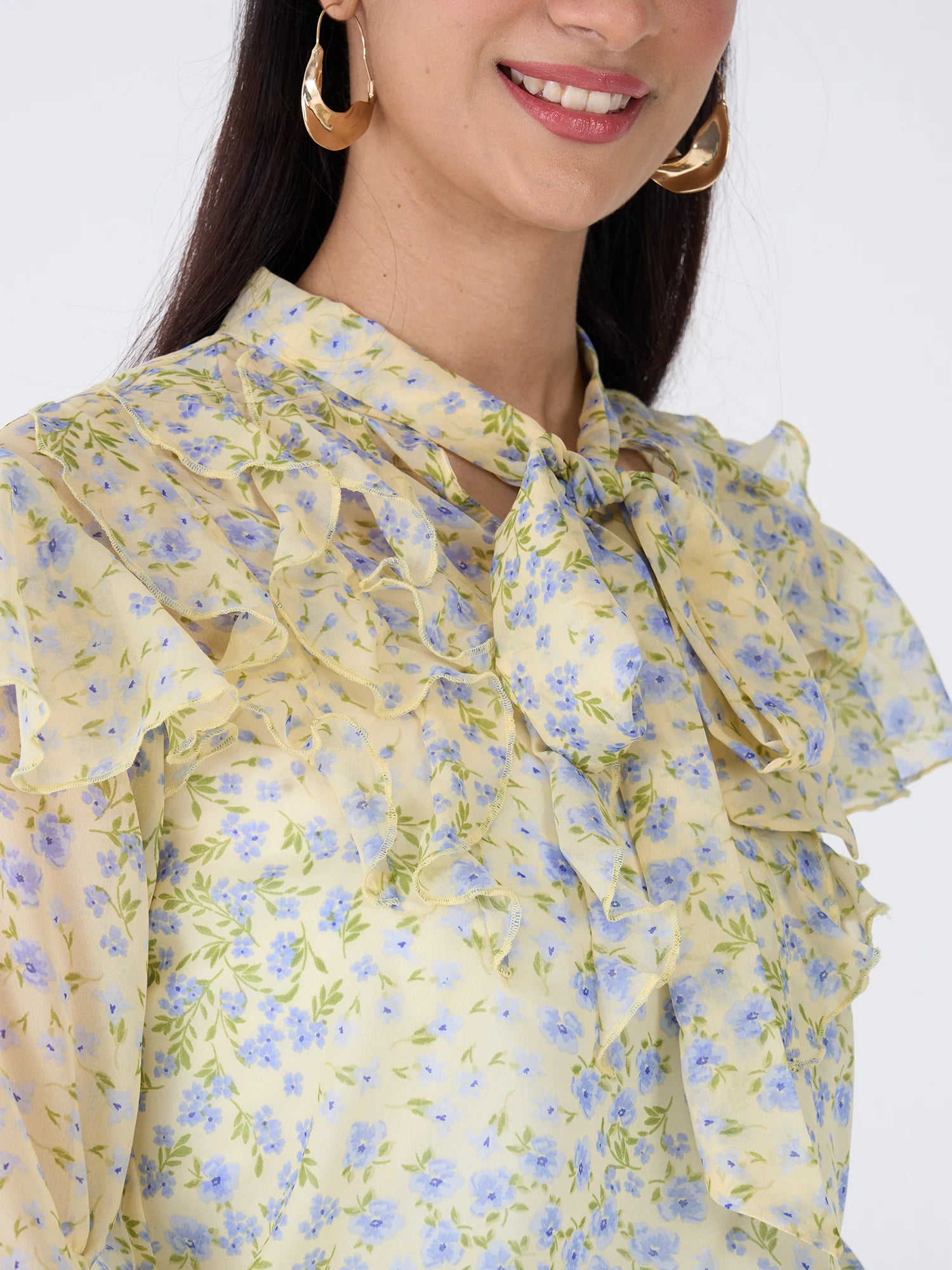 Honeycup Floral Ruffled Top-Yellow/Blue