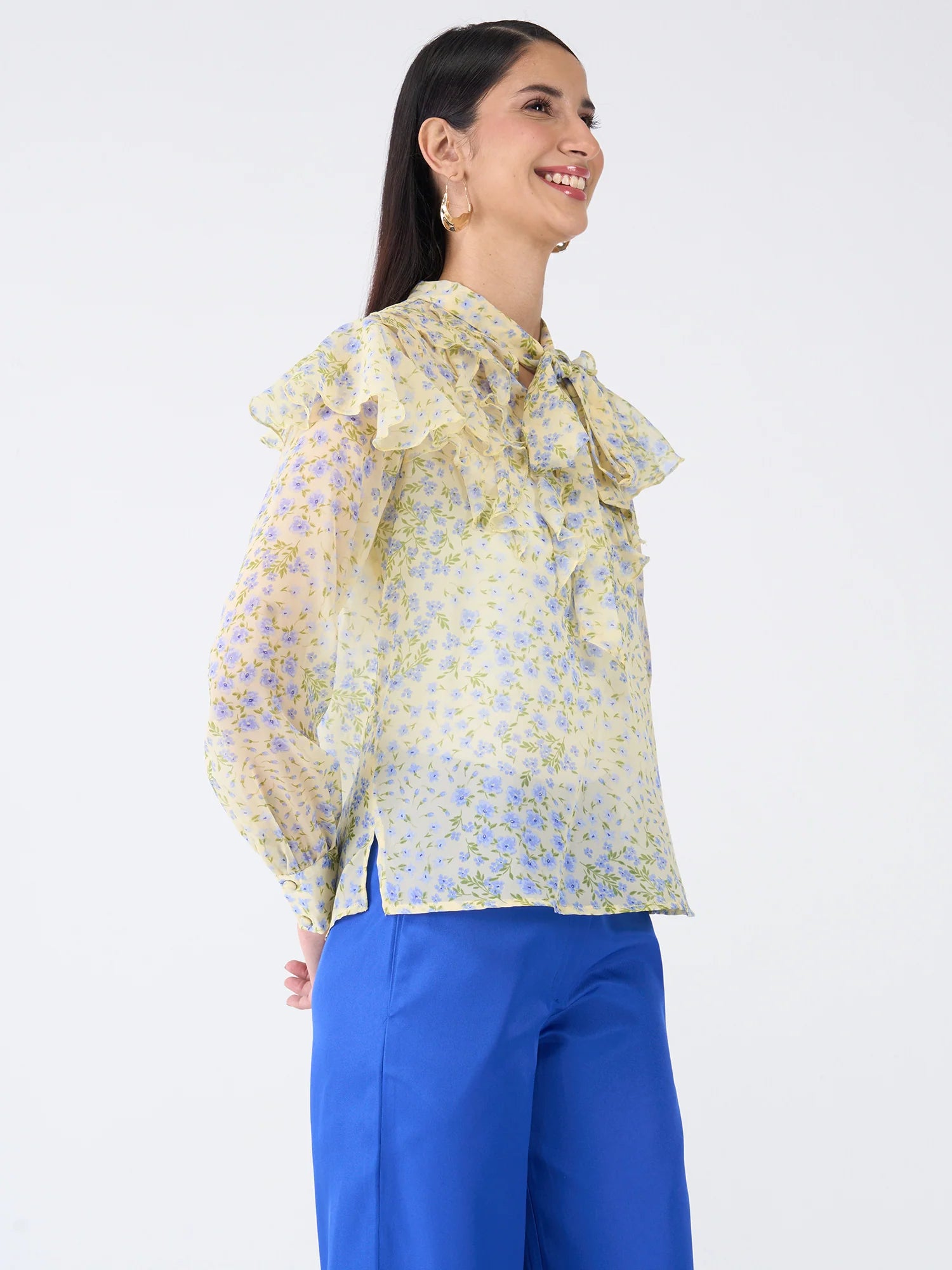 Honeycup Floral Ruffled Top-Yellow/Blue