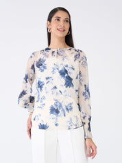 Kirsty Floral Smocked Sleeves Top-Blue & White