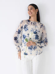 Kirsty Floral Smocked Sleeves Top-Blue & White