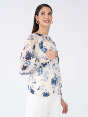 Kirsty Floral Smocked Sleeves Top-Blue & White