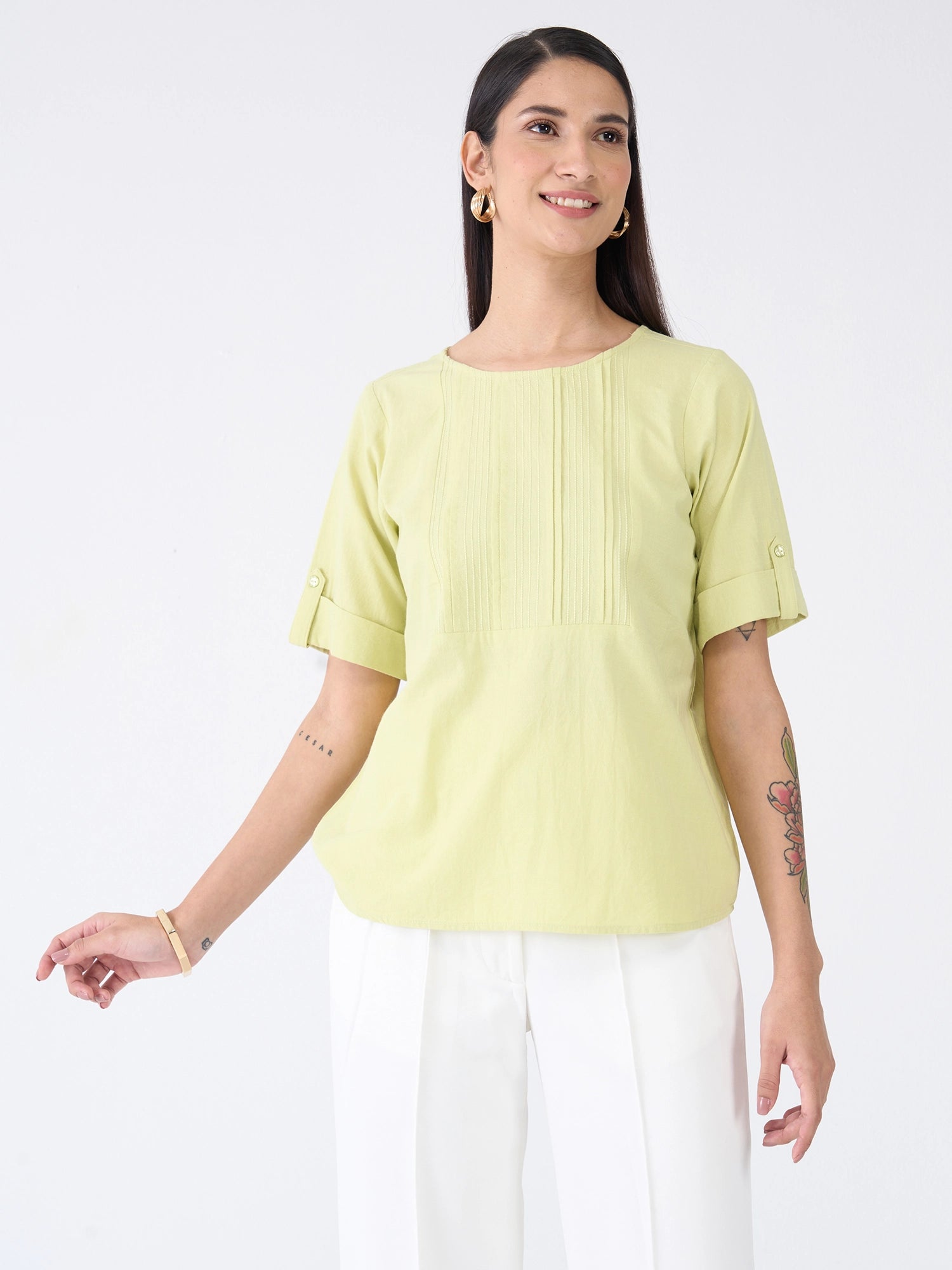 Botanica Pintuck Detail Top-Pastel Green