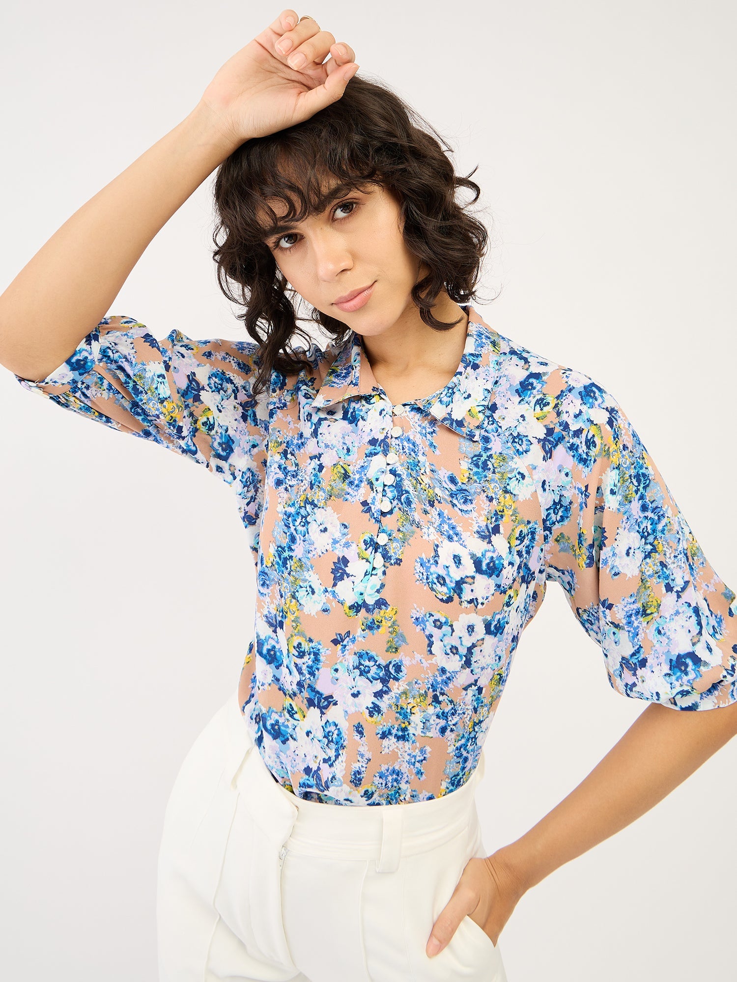 Crossandra Floral Collared Top-Multicolor